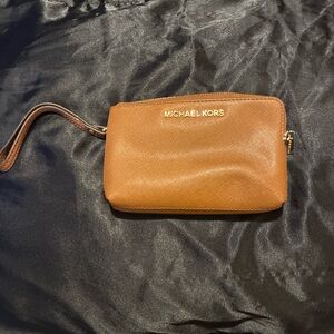 Michael Kors Cognac Leather Wristlet Wallet with Gold Logo
